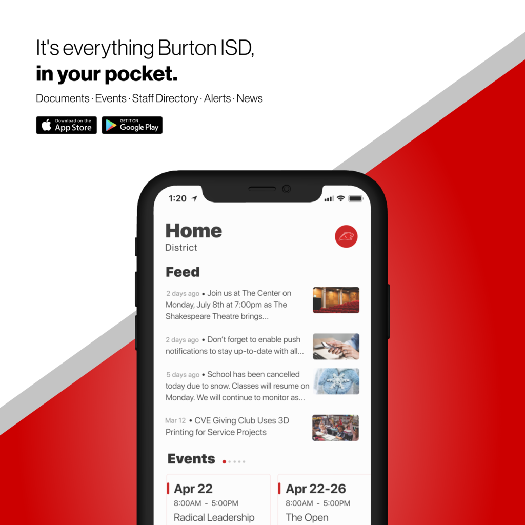 It's everything Burton ISD in your pocket. Download the Burton ISD app on Google Play & Apple stores
