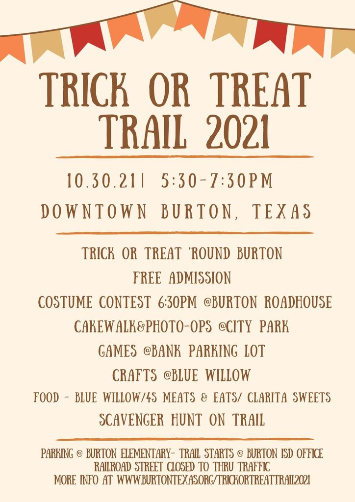 Trick or Treat Trail 10/30 5:30-7:30 Downtown Burton Free Admissions  Lots of Activities and Fun