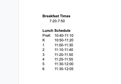 Breakfast and lunch times