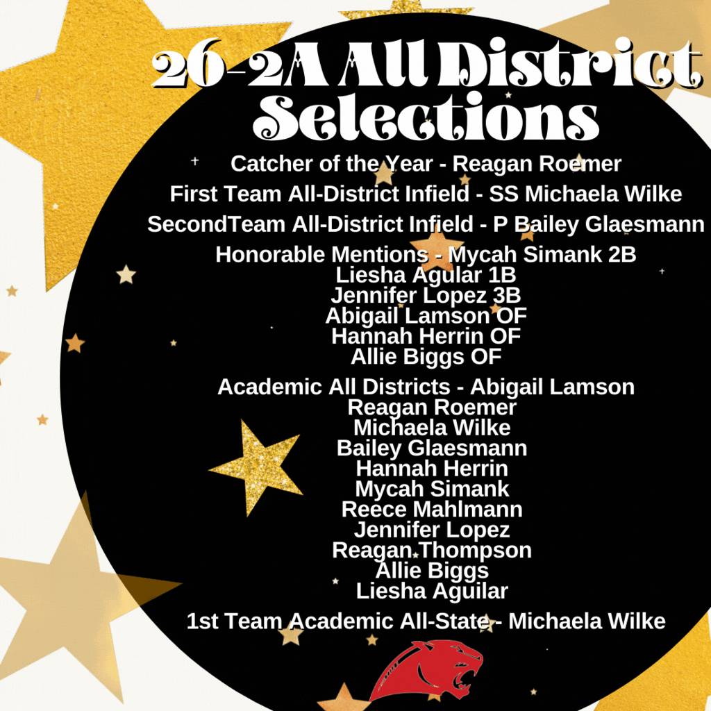 26-2A All District Selections from Burton HS Softball Team 2022  Catcher of the Year Reagan Roemer  First team All-District Infield  SS Michaela Wilke   Second team All-District Infield P Bailey Glaesmann Burton    Honorable Mention  Mycah Simank 2B Liesha Agular 1B Jennifer Lopez 3B Abigail Lamson OF Hannah Herrin OF Allie Biggs OF  Academic All District Abigail Lamson Reagan Roemer Michaela Wilke Bailey Glaesmann Hannah Herrin Mycah Simank Reece Mahlmann Jennifer Lopez Reagan Thompson Allie Biggs Liesha Aguilar  1st Team Academic All-State - Michaela Wilke