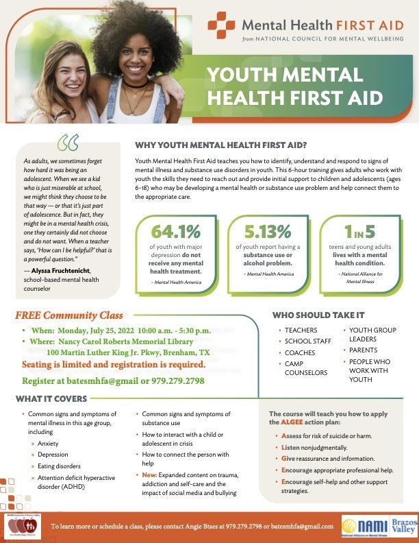 FREE Community Class • When: Monday, July 25, 2022 10:00 a.m. - 5:30 p.m. • Where: Nancy Carol Roberts Memorial Library 100 Martin Luther King Jr. Pkwy, Brenham, TX Seating is limited and registration is required. Register at batesmhfa@gmail or 979.279.2798