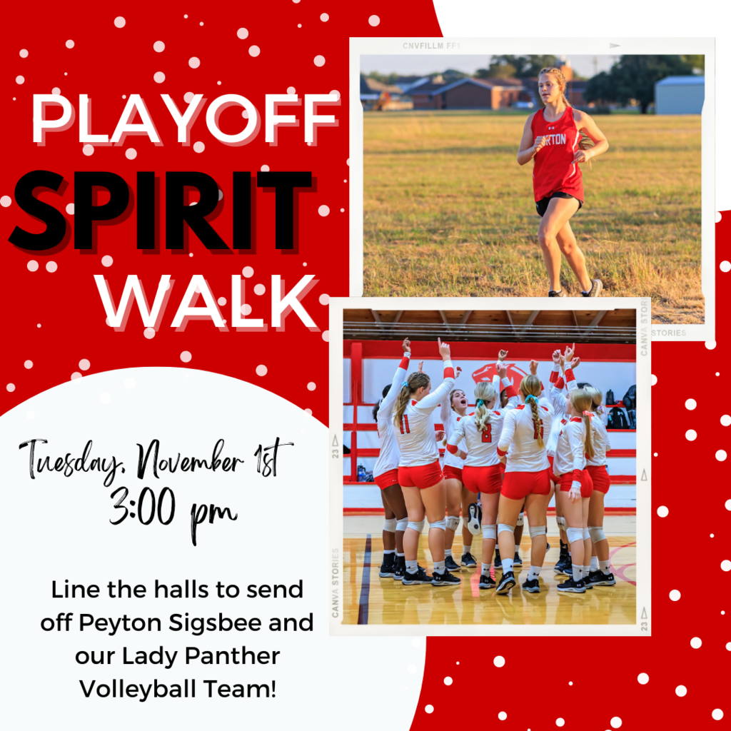 Join us for a spirit filled send off for our  Lady Panther Volleyball team who will be playing their first playoff game Tuesday, Nov 1st @ 6:30 in Giddings vs. Holland, and Peyton Sigsbee who will be running in the state cross-country meet this Friday, Nov. 4th in Austin.