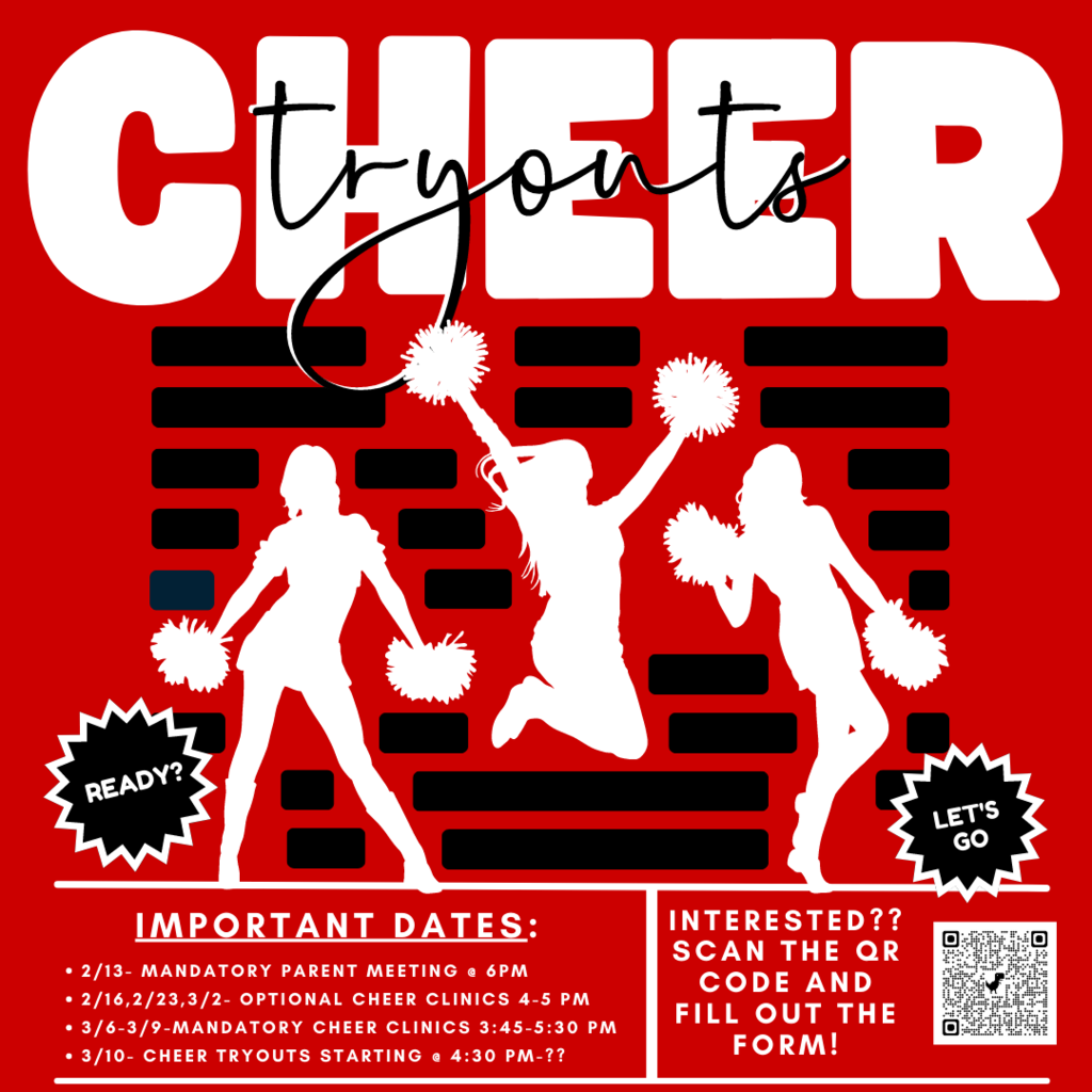 Is your incoming or current Junior High or High School student interested in trying out to be a cheerleader or mascot for next season? Click the link or scan the QR code to fill out the interest form. Our parent meeting will be Monday, February 13th at 6 pm in the Cafeteria. https://forms.gle/CTn1hMeUgYSnZTGt8