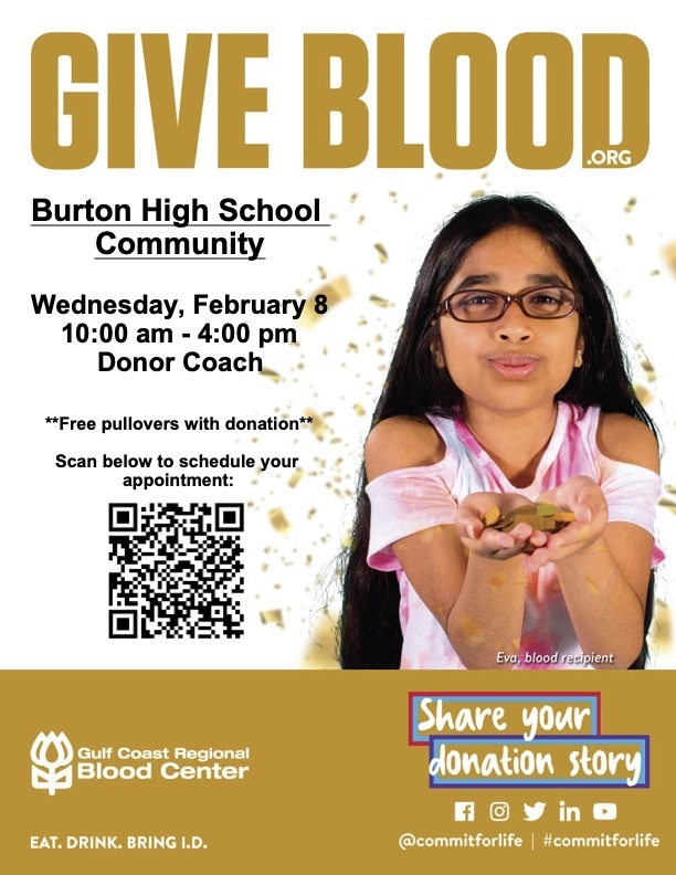 Give Blood Wednesday Feb 8! Scan the QR Code to Sign Up! We will have a mobile unit in the Elementary Bus Ramp Parking Lot.