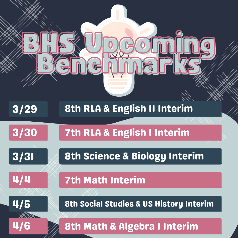 8th RLA & English II Interim 7th RLA & English I Interim 8th Science & Biology Interim BHS Upcoming Benchmarks 3/29 3/30 3/31 7th Math Interim 8th Social Studies & US History Interim 4/4 4/5 8th Math & Algebra I Interim 4/6
