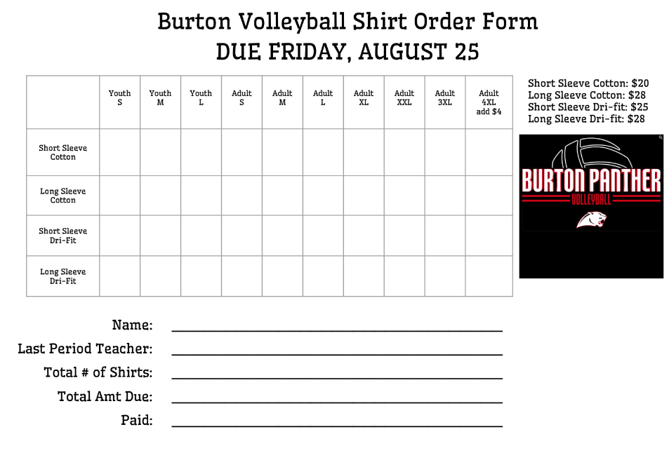 Burton Volleyball Shirt Order Form